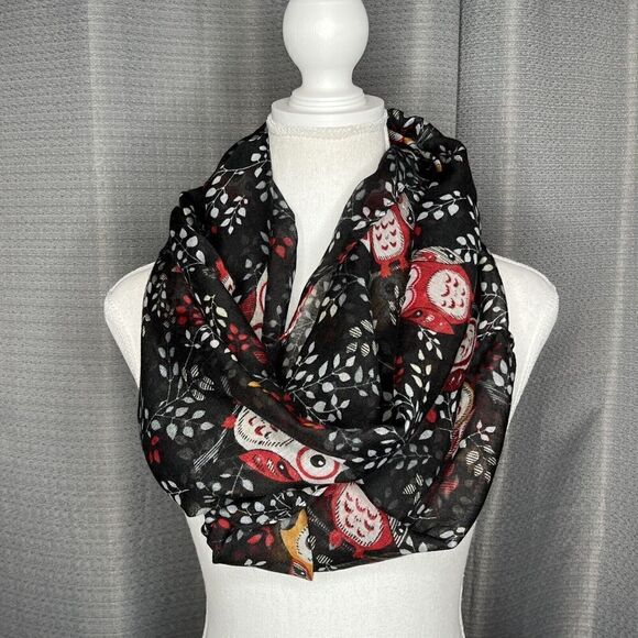 Owl Print Scarf  Soft Lightweight Sheer Infinity Wrap 100% Viscose Black & Red - Picture 1 of 7